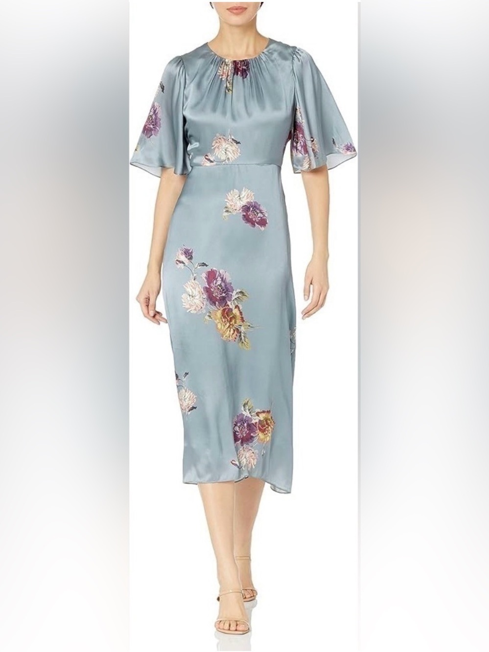 Rebecca Taylor Silk Floral Midi Dress Blue Flutter Sleeve Size 2 NWT